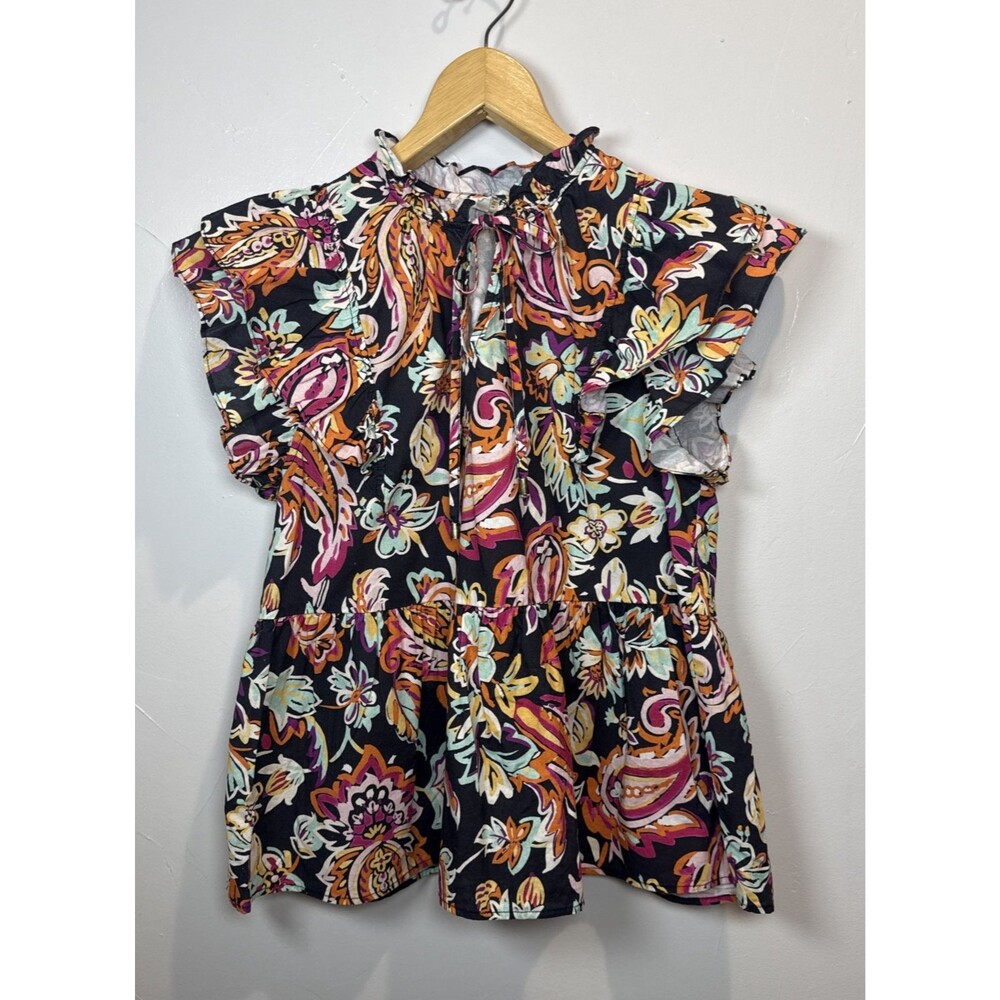 Entro Shirt Dark Romantic Ruffle Sleeves Size Small Floral Colorful Boho Beachy